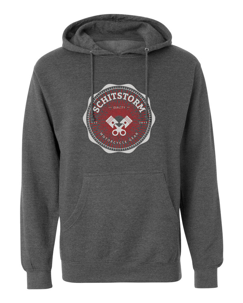 Schitstorm Motorcycle Gear grey hooded sweatshirt, the most comfortable sweatshirt you may ever own, featuring our crossed-pistons logo.